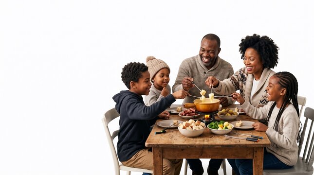 Happy African American family enjoying a cheese fondue dinner together at a rustic wooden table