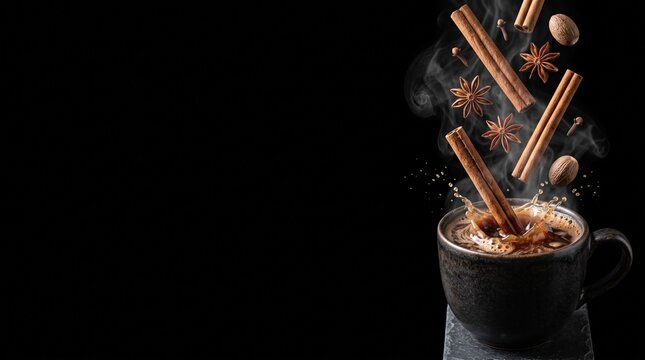 Hot Beverage with Cinnamon Sticks Star Anise Cloves and Nutmeg Falling into Dark Cup