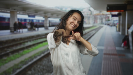 Fototapeta premium Woman points fingers at camera with visible hands and smile on a train platform building, wearing white blouse and relaxed posture; playful confidence.