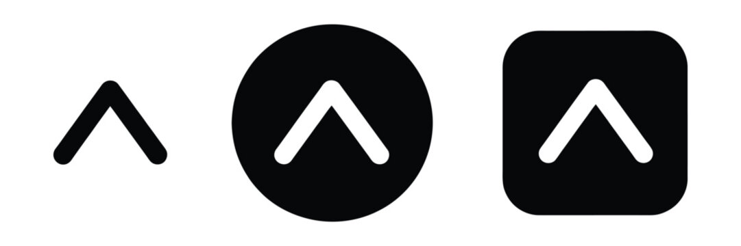 Chevron up icons featuring expand, scroll to top, dropdown navigation, and upward arrow symbols in solid button vector styles for mobile apps, web interfaces, dashboards, menus, and user interface con