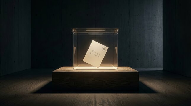 A precious historical document displayed inside a protective glass case on a pedestal in a dark museum room