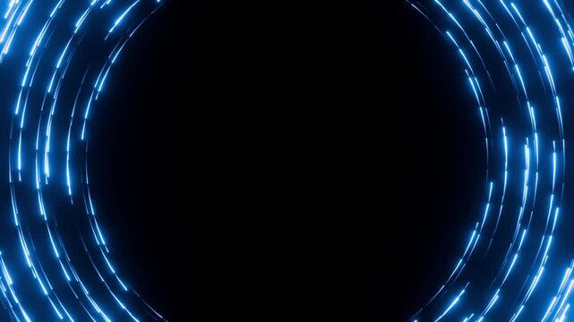 Futuristic seamless loop animation of blue neon glowing dots moving along the edges on black background, digital sci-fi frame template with copy space 3d render