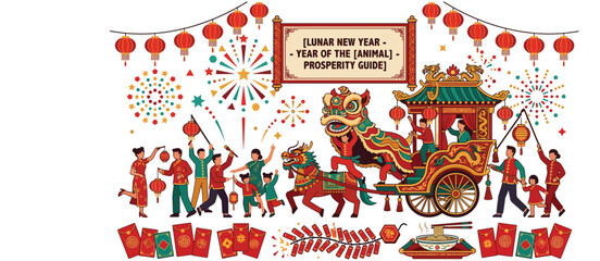 Fototapeta premium Festive lunar new year celebration with traditional dragon dance lanterns and prosperity symbols.