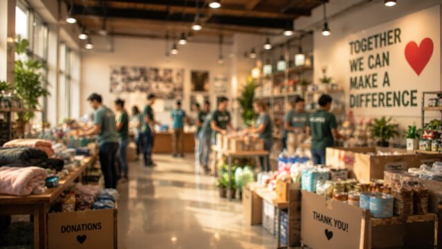 volunteer donation center food bank charity community service social welfare people helping blurred background support kindness