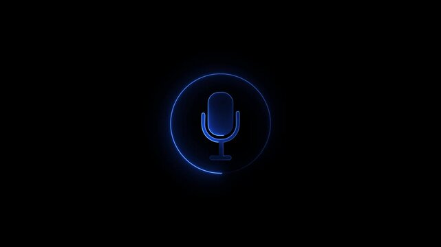 Neon blue microphone animation: voice command and audio recording interface glowing