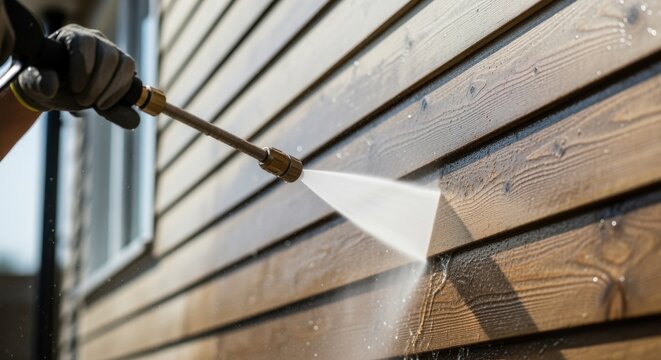 Tracking closeup of water flowing from powerwash wand as operator methodically cleans weatherbeaten siding during routine exterior upkeep.