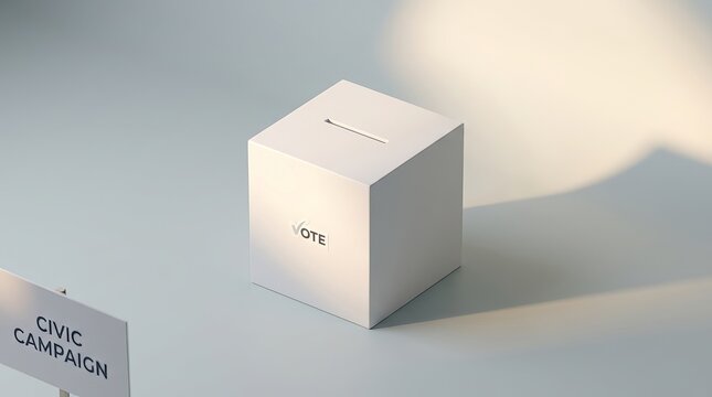 A single white cube sitting on a light gray surface with soft lighting and a long shadow