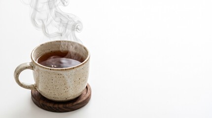 Fototapeta premium Steaming cup of tea on a wooden coaster with wisps of smoke rising against a clean white background