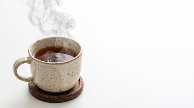 Steaming cup of tea on a wooden coaster with wisps of smoke rising against a clean white background