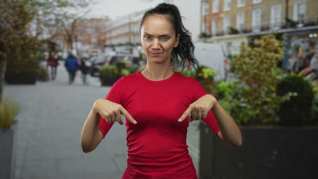 Woman in red shirt and ponytail points both index fingers down at her shirt on a busy street with planters and storefronts visible; skepticism.