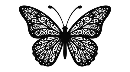 Intricate butterfly illustration with ornate wing patterns black silhouette © Fhm