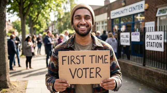 A smiling young man holding a cardboard sign that says first time voter outside a polling station