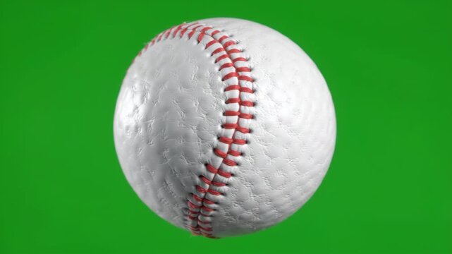 Classic Baseball on Green Background: A perfectly textured white baseball with iconic red stitching stands out sharply against a vibrant green chroma key backdrop.