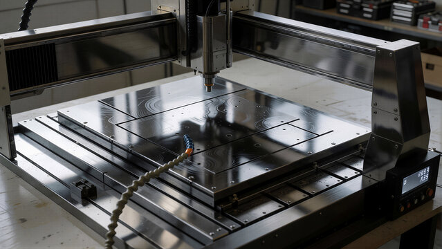 Eine CNC Maschine die stillsteht . Leere bearbeitungsfl&auml;che. KI Generiert