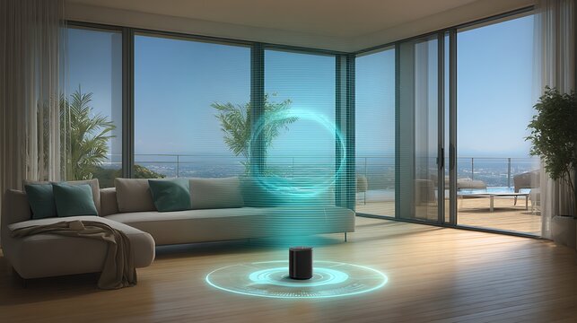Cozy living room with turquoise armchair and glass coffee table near large window