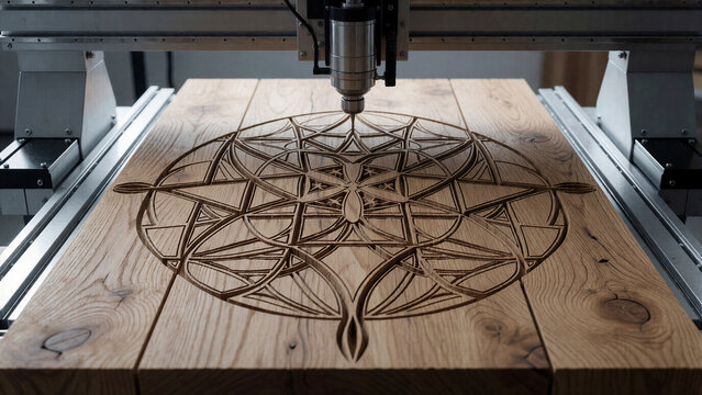 Eine CNC Maschine die gerade in ein Massives st&uuml;ck holz etwas graviert. KI Generiert