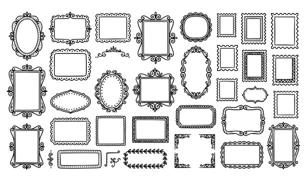 Retro hand drawn frame icons with scalloped borders vintage outline shapes and postal stamp doodle vector set