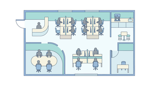 Minimalist flat illustration of a modern office floor plan layout