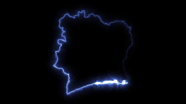 Glowing IVORY COAST Neon Map Motion Graphics isolated on Dark Background