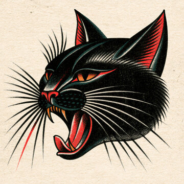Traditional Yowling Black Cat Tattoo Flash Illustration