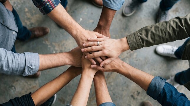 A diverse group of diverse people stack their hands together in a powerful display of unity and strong professional teamwork