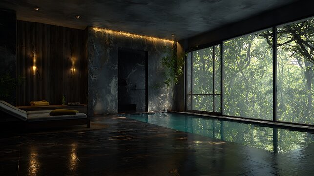 Dark modern building interior with glass walls and wet floor at night