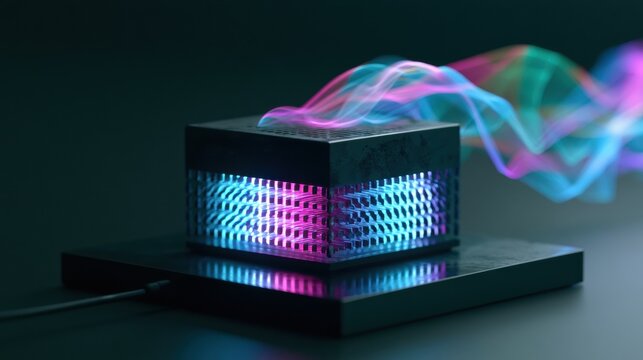 A wave of light flows over an aging device, symbolizing a firmware update. The scene transitions between dark and bright colors in a modern setup.