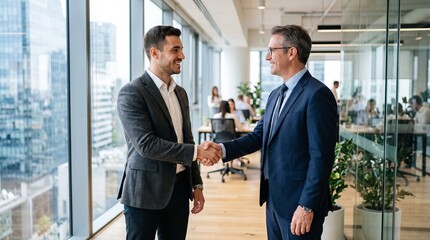 Fototapeta premium Two smiling businessmen in suits shaking hands in a modern office with large windows overlooking a city skyline