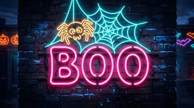 A vibrant neon sign displaying the word boo with a glowing spider and web design perfect for a festive halloween party decoration
