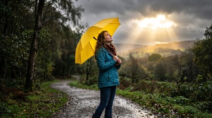Obraz premium Woman with yellow umbrella looking up at sunbeams breaking through stormy clouds on a rainy day in the countryside