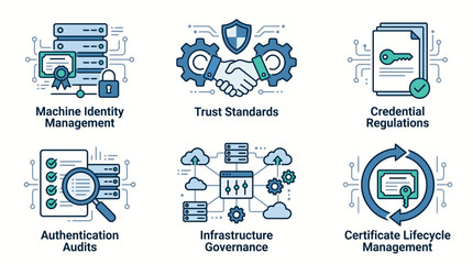 Cybersecurity Concepts Icons Set Machine Identity Management Trust Standards. © Yulia