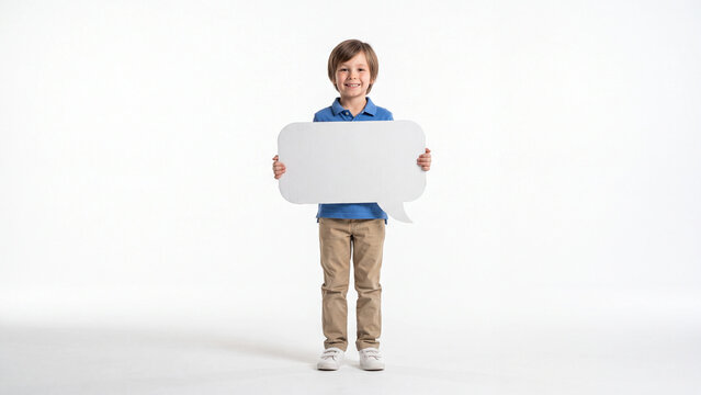 Boy presents a large blank white speech bubble sign with a friendly smile while standing centered in a bright studio environment.