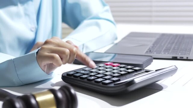 Office calculation with hand on calculator beside laptop, financial work and legal payment on desk, business accounting tax workflow focus, finger keypad detail for searchable SEO title