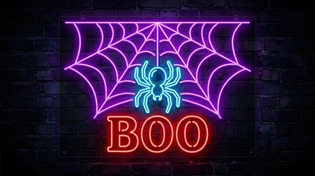 Bright neon sign featuring a spider web and the word boo in vibrant colors perfect for a spooky halloween party decoration background