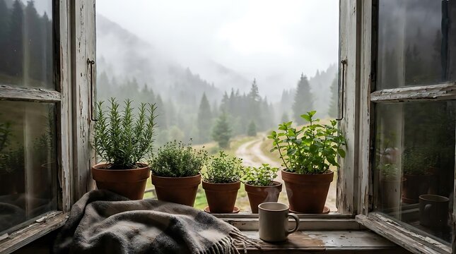 Potted herbs on rustic windowsill overlooking foggy forest.