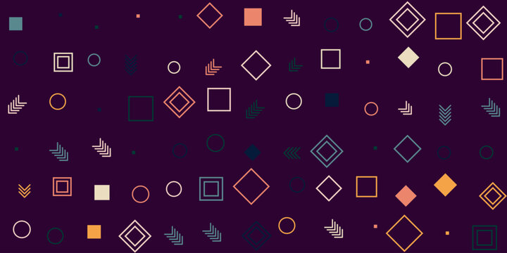 Abstract geometric pattern with colorful squares circles and arrows on a dark background