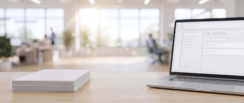 Office desk mockup with laptop and documents on a warm wooden table in a bright blurred modern corporate workspace with natural sunlight, ideal for business presentation headers and web design