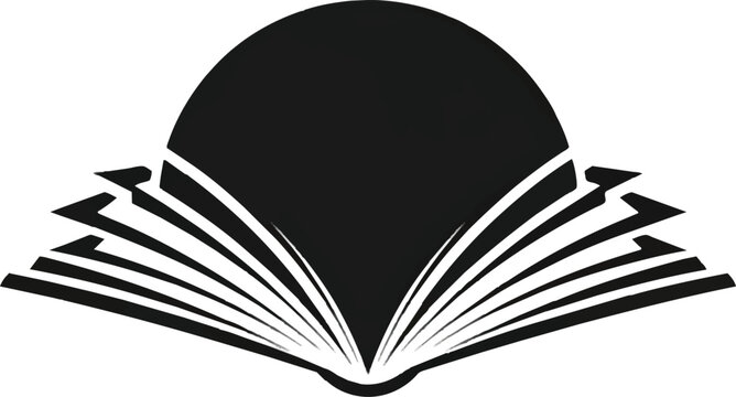 A minimalist black and white graphic design featuring an open book illustration combined with a rising sun shape for academic and literary branding