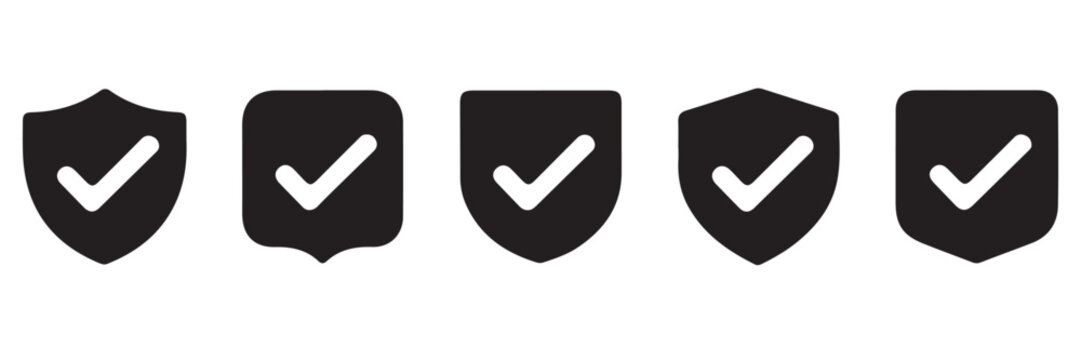 Various shield icons with check mark inside isolated on white background for security verification.