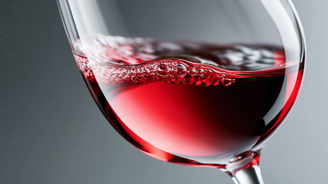Extreme close up , red wine in the clear wine glass , colorful.