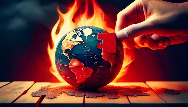 the earth is getting hotter due to climate change this is shown by a red hot globe and a hand placing a piece of a puzzle onto a wooden cube the puzzle represents the need to solve the problem