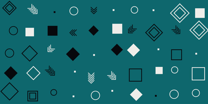 Abstract geometric pattern with various shapes and symbols on a blue background