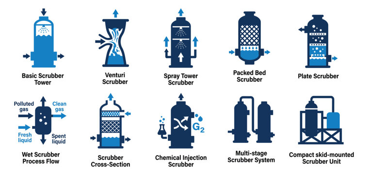 Set of industrial gas scrubber equipment icons showing various types of air pollution control systems Minimal solid fill icon set bundle collection. Editable Vector Illustration Mega pack