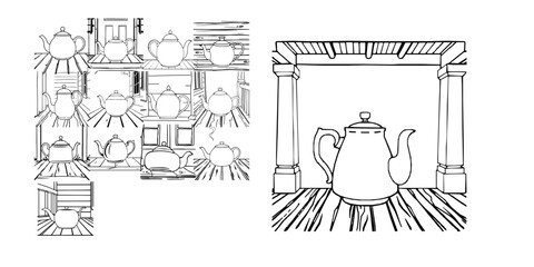 Obraz premium Teapot With A Spout On A Wooden Porch Outline Clean Line Black Outline On White Coloring Page
