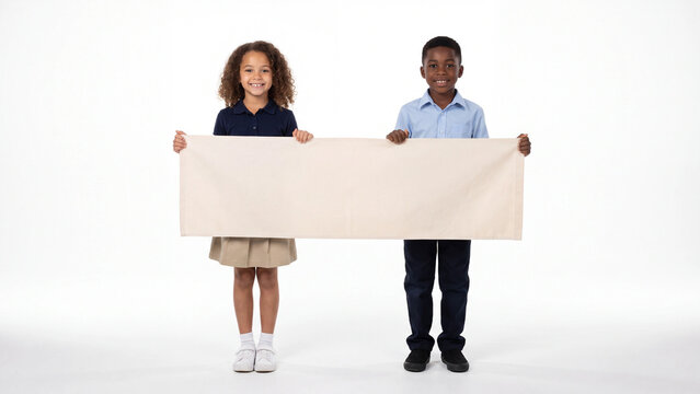 Children stand side by side while holding a long rectangular beige banner for educational announcements or promotional advertisements.
