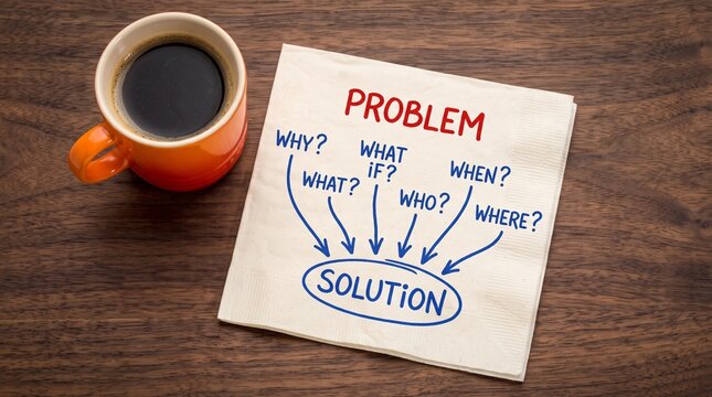 Problem and solution brainstorming concept on napkin, business strategy and root cause analysis, coffee cup on wooden desk background