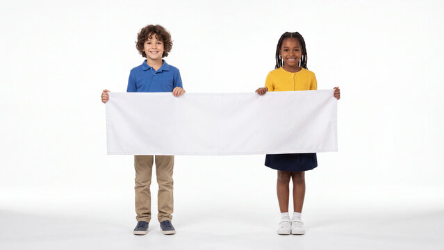 Children hold a large white rectangular sign together while standing against a clean backdrop for creative marketing messaging.