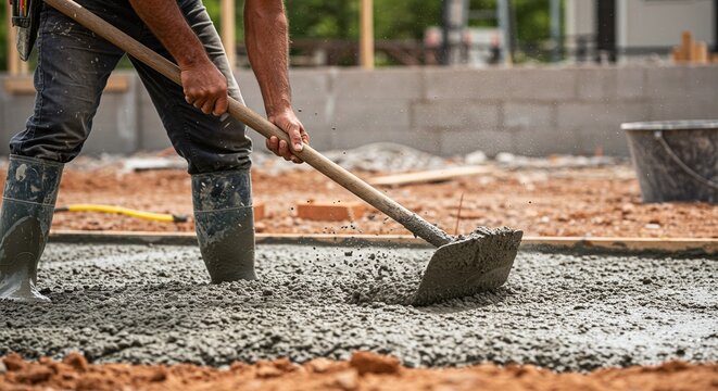 A worker using a shovel or hoe to mix a pile of mortar on the ground at a construction siteConcept of manual labor and construction materials.