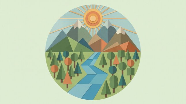 Geometric mountain landscape with river forest trees and radiant sun circular badge retro vector illustration