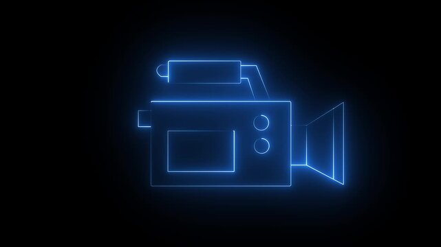 Glowing neon video-camera icon isolated on black background. HD Video motion graphic animation. Glowing neon line video camera icon animation.4k motion video.